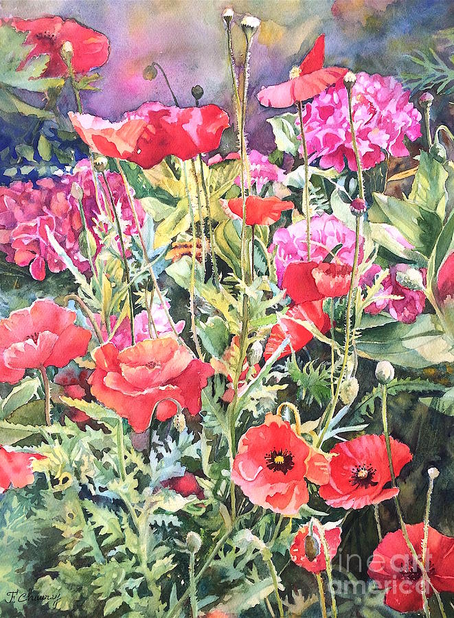Coquelicots et Hortensias Painting by Francoise Chauray