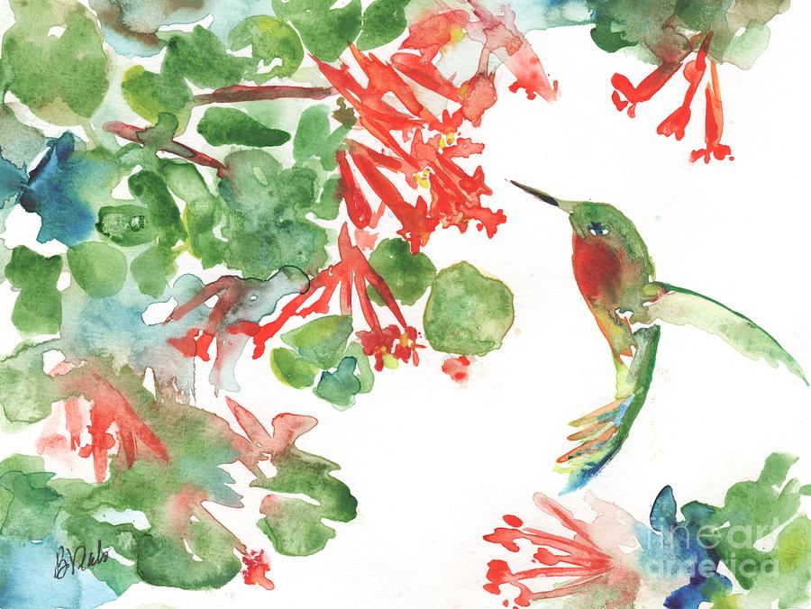 Coral Honeysuckle and Hummingbird Painting by Bev Veals