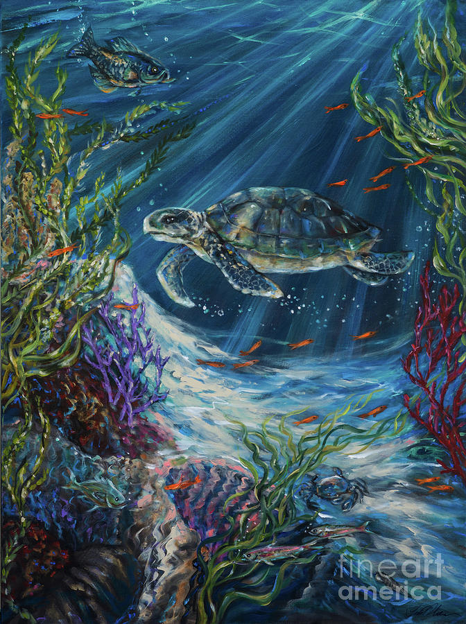 Coral Reef Turtle Painting by Linda Olsen