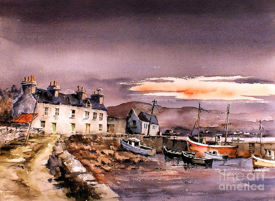 Harbour Painting - Evening Glow on Coraun Harbour, Mayo by Val Byrne