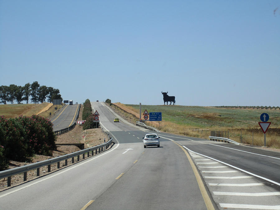 Cordoba Country Side Scenic Bull Highway to Seville Sevilla Spain Photograph by John Shiron