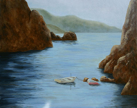 Corfu Boats Painting by Nancy Goldman