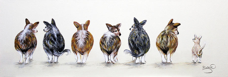 Corgi Butt Lineup with Chihuahua Painting by Patricia Lintner