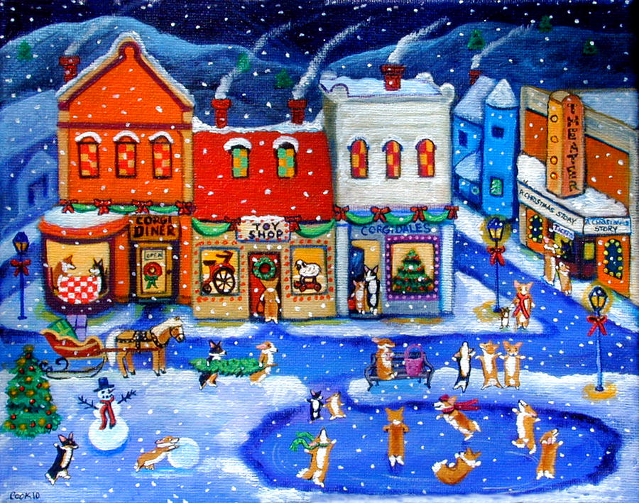 Dog Painting - Corgi Christmas Town by Lyn Cook