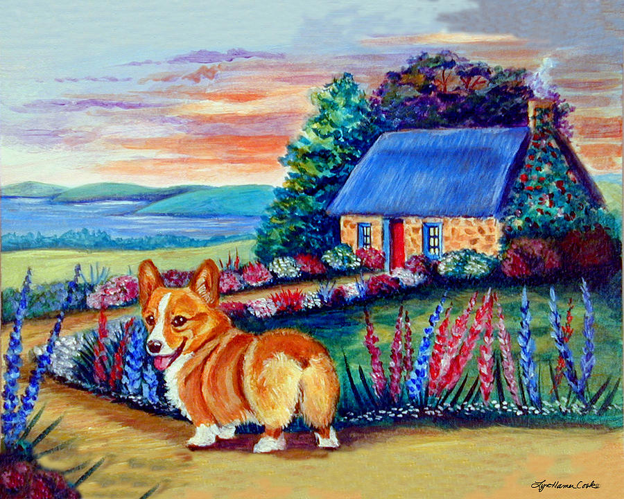 Dog Painting - Corgi Cottage Sunrise by Lyn Cook