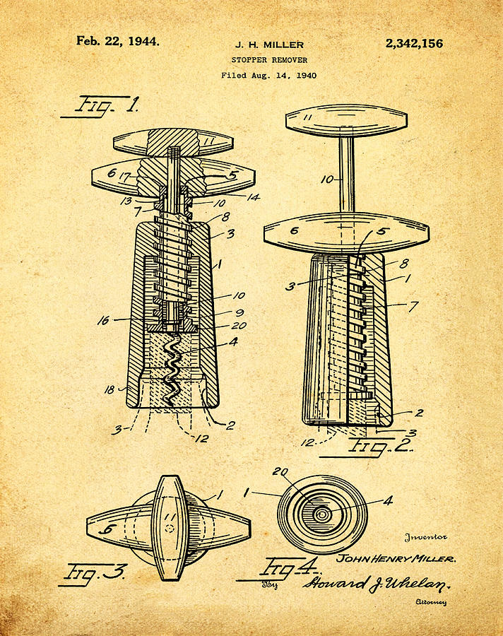Corkscrew Patent 1944 Vintage Sepia Photograph by Bill Cannon
