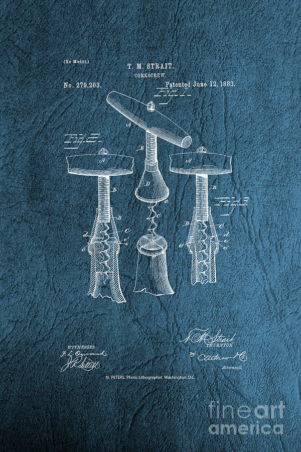 Corkscrew Patent Drawing From 1883 - Vintage Photograph by Doc Braham