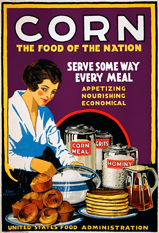 Corn, the food of the nation, US Food Administration poster, 1918 Painting by Vincent Monozlay