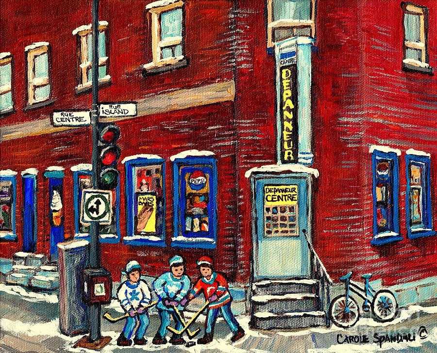 Corner Convenience Store Depanneur Centre Street Hockey Montreal Winter Scene Painting Canadian Art Painting by Carole Spandau