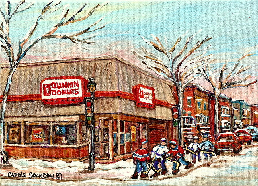 Corner Donut Shop Dunkin Donuts Verdun Street Hockey Montreal Winter Canadian Art Carole Spandau     Painting by Carole Spandau