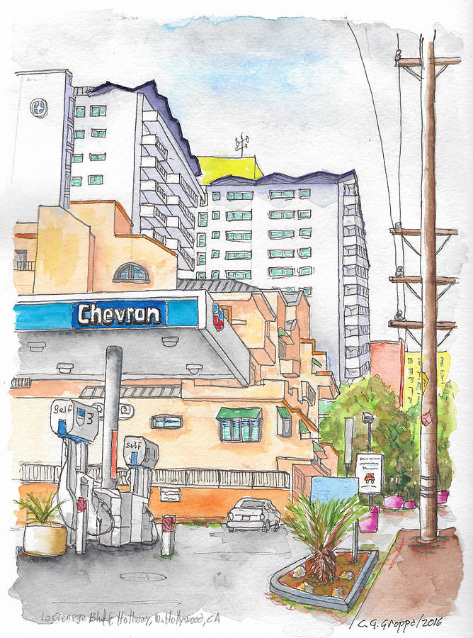 Corner La Cienega Blvd. and Hallway, Chevron Gas Station, West Hollywood, CA Painting by Carlos G Groppa