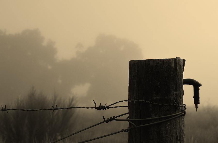 Corner Post and Fog in Sepia Photograph by Warren Thompson