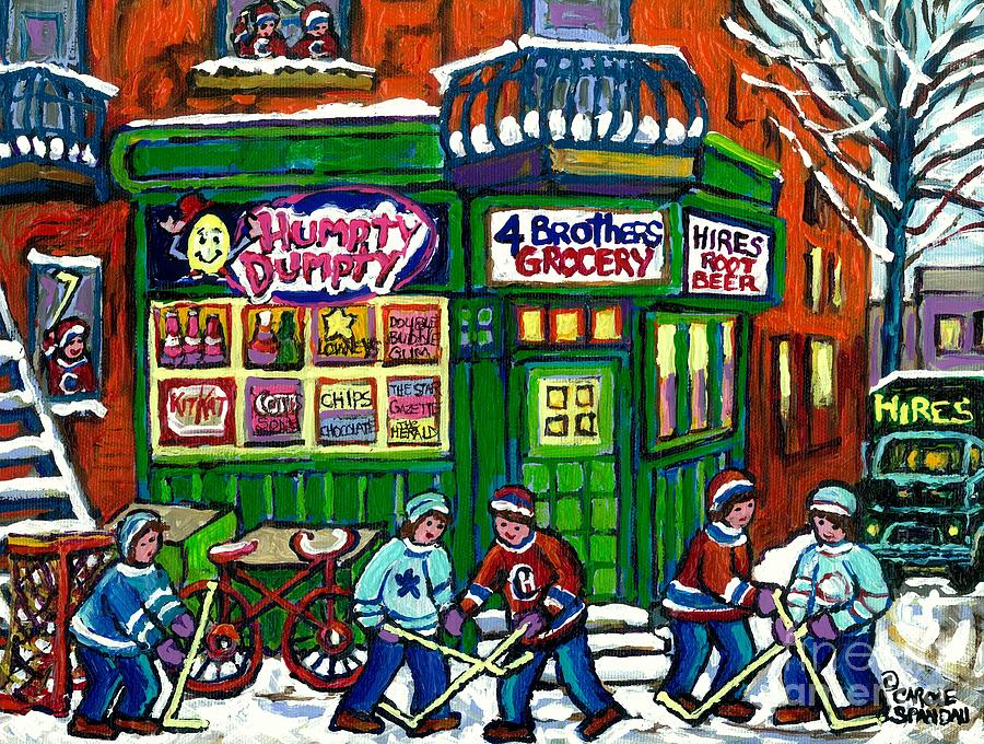 Corner Store Paintings Vintage Grocery Humpty Dumpty 4 Brothers Hires Root Beer Truck Canadian Art Painting by Carole Spandau