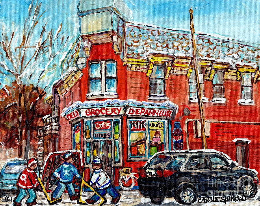 Corner Store The Point Depanneur Painting Quebec Hockey Art Carole Spandau Painting by Carole Spandau