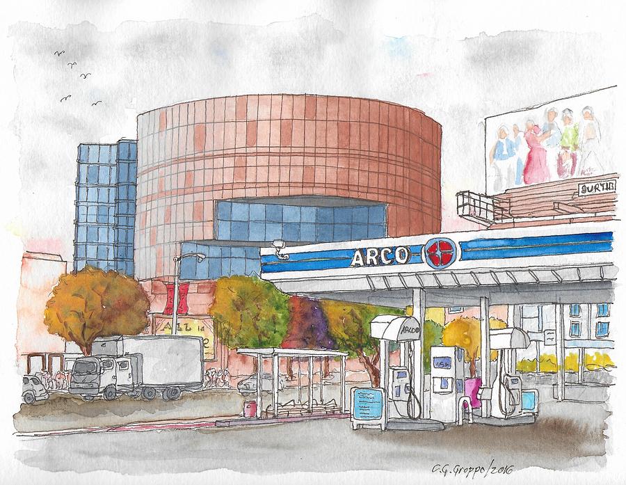 Corner Sunset Blvd and Fairfax Ave, Arco Gas Station, Directors Guild in West Hollywood, California Painting by Carlos G Groppa