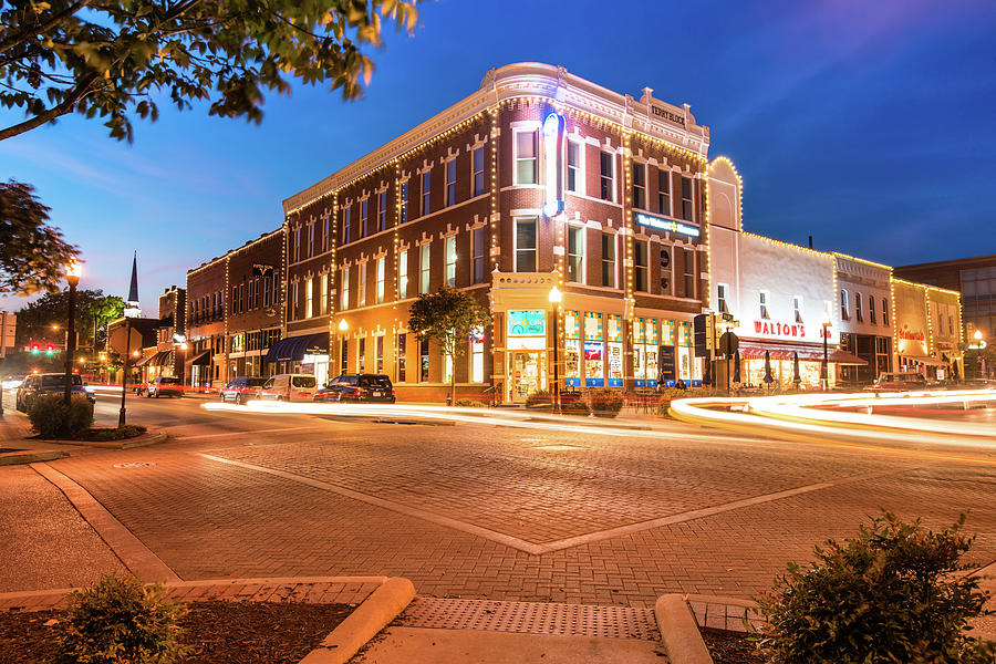 City Photograph - Corner View - Downtown Bentonville Arkansas Town Square at Night by Gregory Ballos