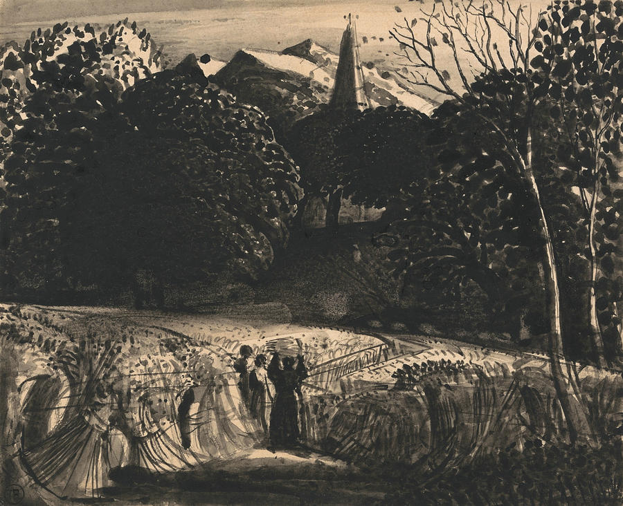 Cornfield and Church by Moonlight Drawing by Samuel Palmer