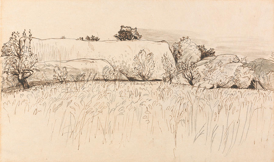 Cornfields with Barn, Shoreham Drawing by Samuel Palmer
