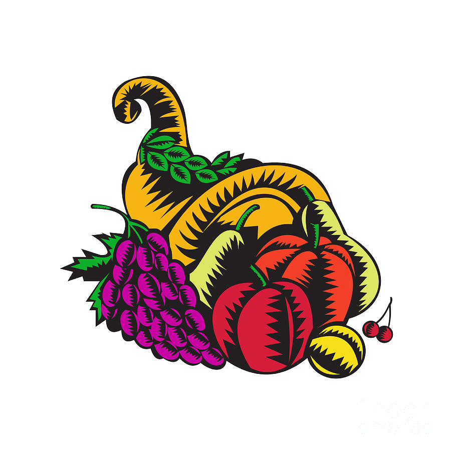 Grape Digital Art - Cornucopia Fruit Harvest Woodcut by Aloysius Patrimonio