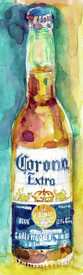 Corona Extra Beer With Blue Background Print From Original Watercolor Painting By Dorrie Rifkin