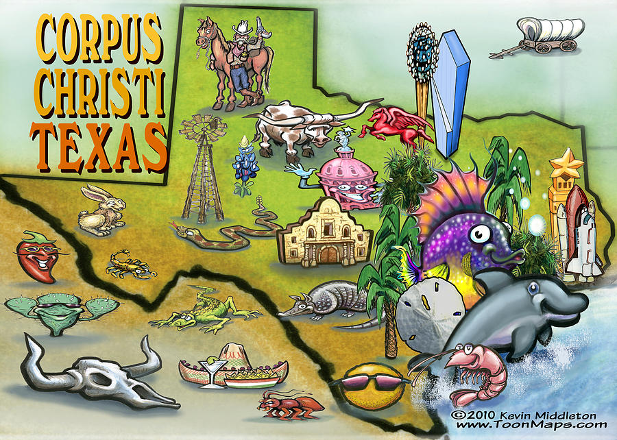 Corpus Christi Texas Cartoon Map Digital Art
