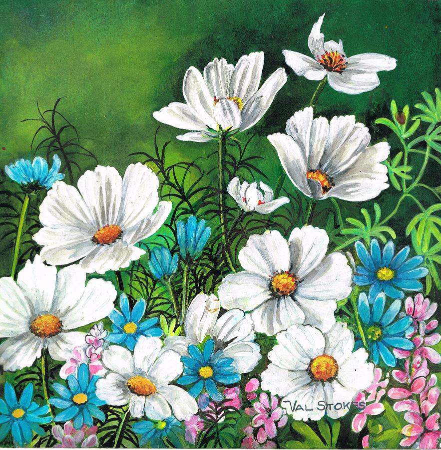 Cosmos and blue daisies Painting by Val Stokes