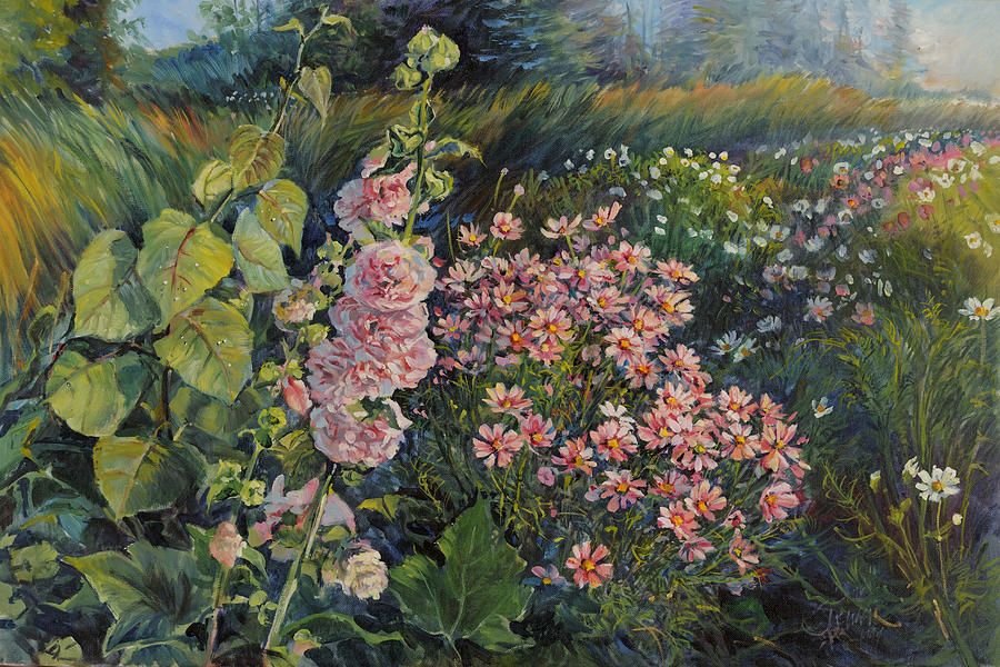 Cosmos and Hollyhocks Painting by Steve Spencer
