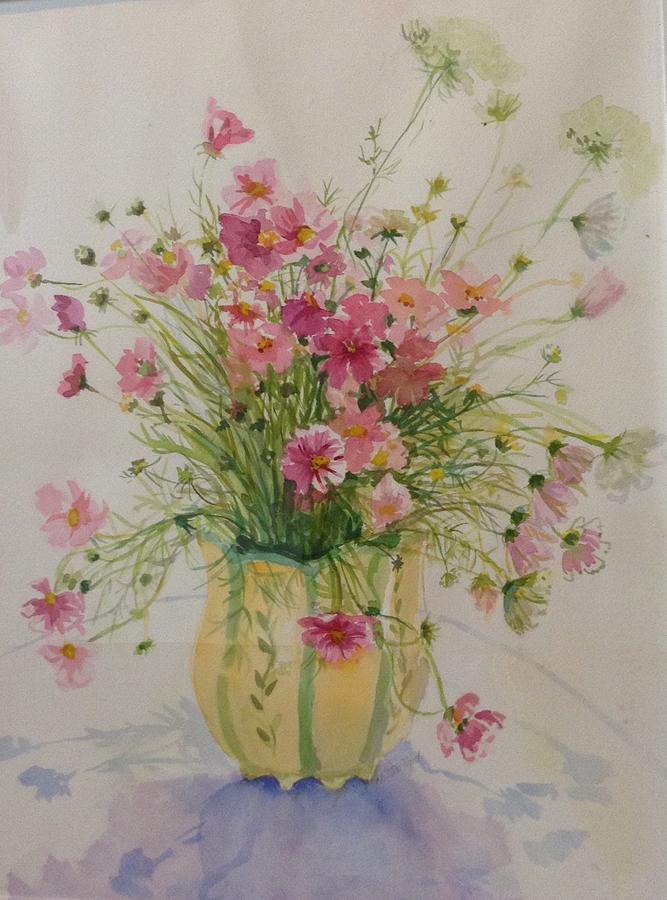 Flower Painting - Cosmos in a Yellow Vase by Natalie Stafford