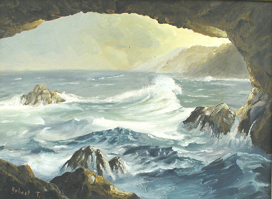 Coast Painting - Costal cave by Robert Thomaston