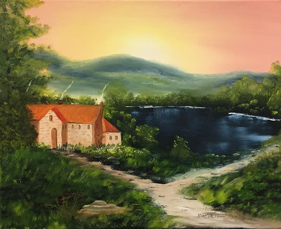 Cottage by Lake Painting by David Bartsch