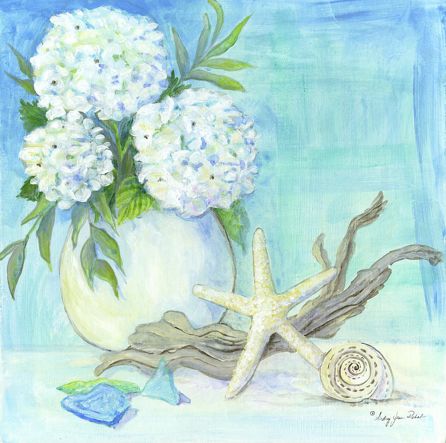 Cottage at the Shore 1 White Hydrangea Bouquet w Driftwood Starfish Sea Glass and Seashell Painting by Audrey Jeanne Roberts