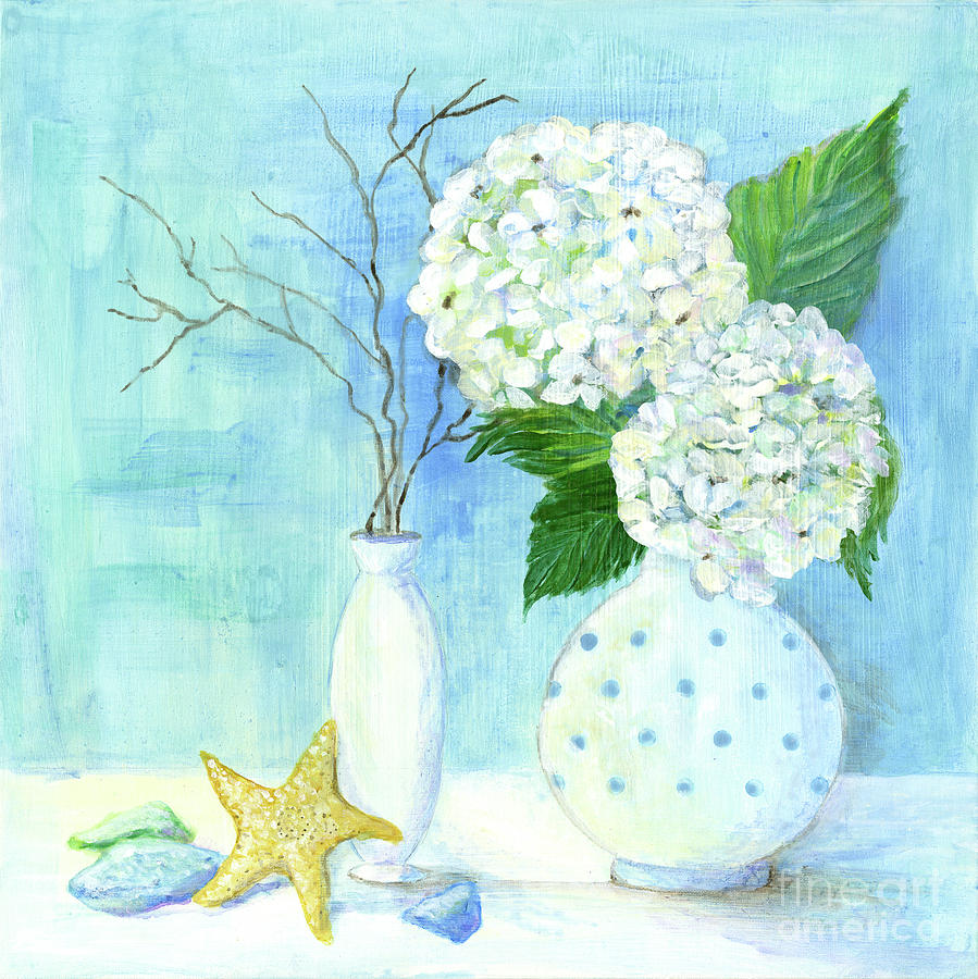 Cottage at the Shore 2 White Hydrangea Bouquet w Sea Glass and Starfish Painting by Audrey Jeanne Roberts