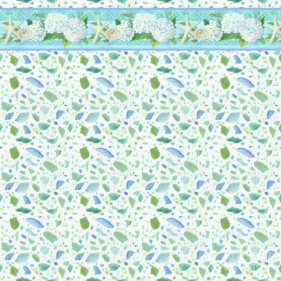 Cottage at the Shore 3 Pattern Terrazzo with White Hydrangeas Starfish n Sea Glass Painting by Audrey Jeanne Roberts