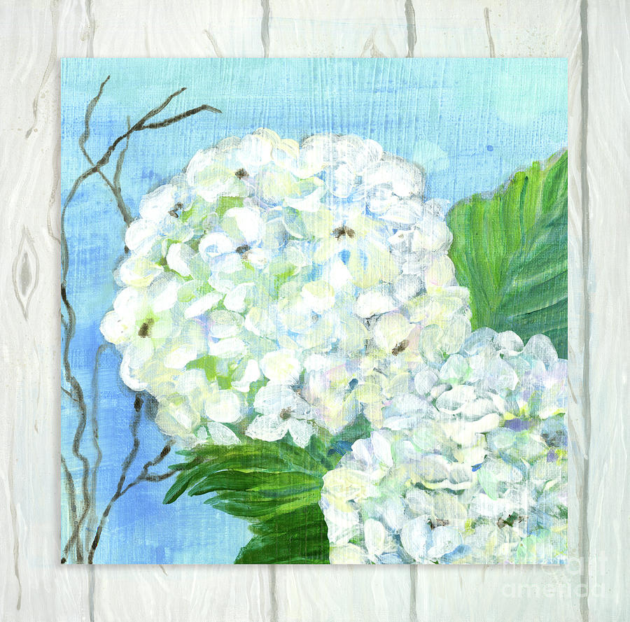 Cottage at the Shore 6 White Hydrangea Blossoms w Twigs and Whitewashed Wood Painting by Audrey Jeanne Roberts