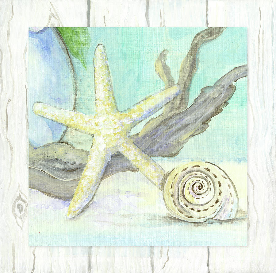 Cottage at the Shore 7 Starfish Driftwood and Seashell over Wood Painting by Audrey Jeanne Roberts