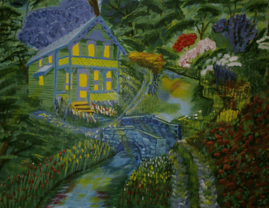 Cottage by the stream Painting by David Bigelow