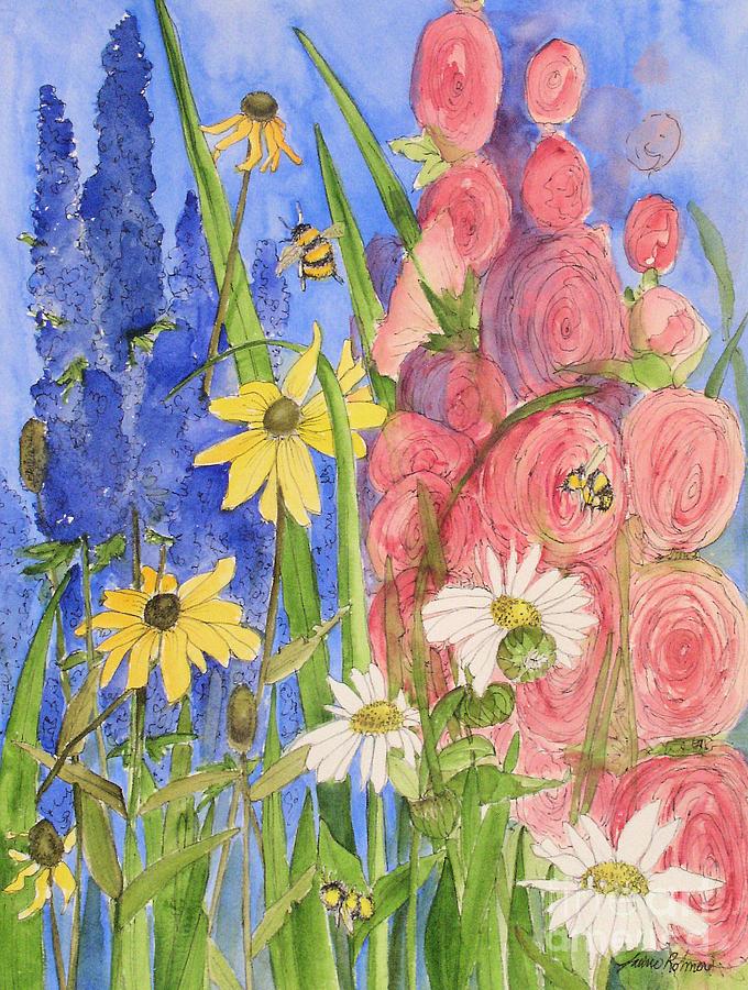 Cottage Garden Daisies and Blue Skies Painting by Laurie Rohner