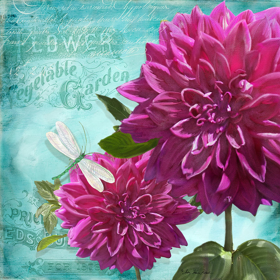 Cottage Garden - Dinner Plate Dahlias w Dragonfly Painting by Audrey Jeanne Roberts