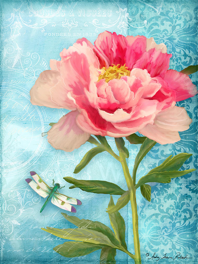 Flower Painting - Cottage Garden Pink Peony w Dragonfly by Audrey Jeanne Roberts