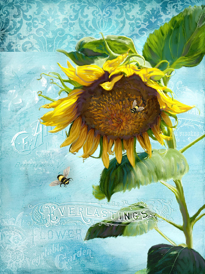 Cottage Garden Sunflower - Everlastings Seeds n Flowers Painting by Audrey Jeanne Roberts