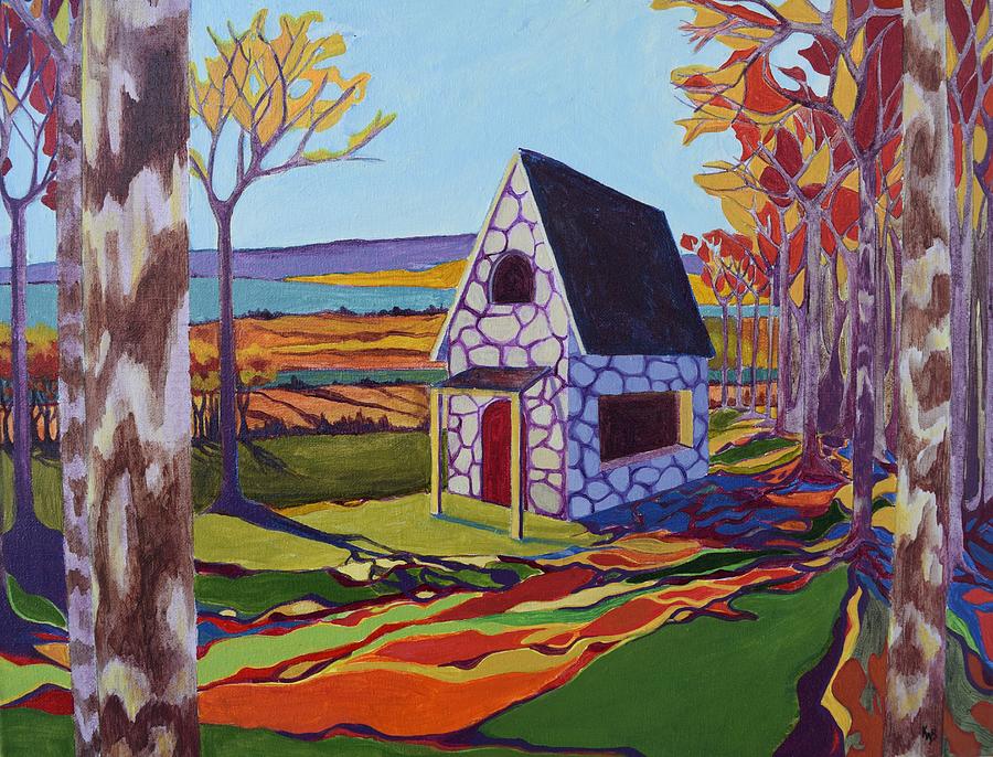 Cottage in the Woods Autumn Painting by Karen Williams-Brusubardis