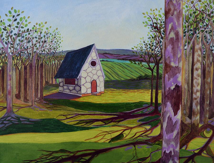 Cottage in the Woods Spring Painting by Karen Williams-Brusubardis