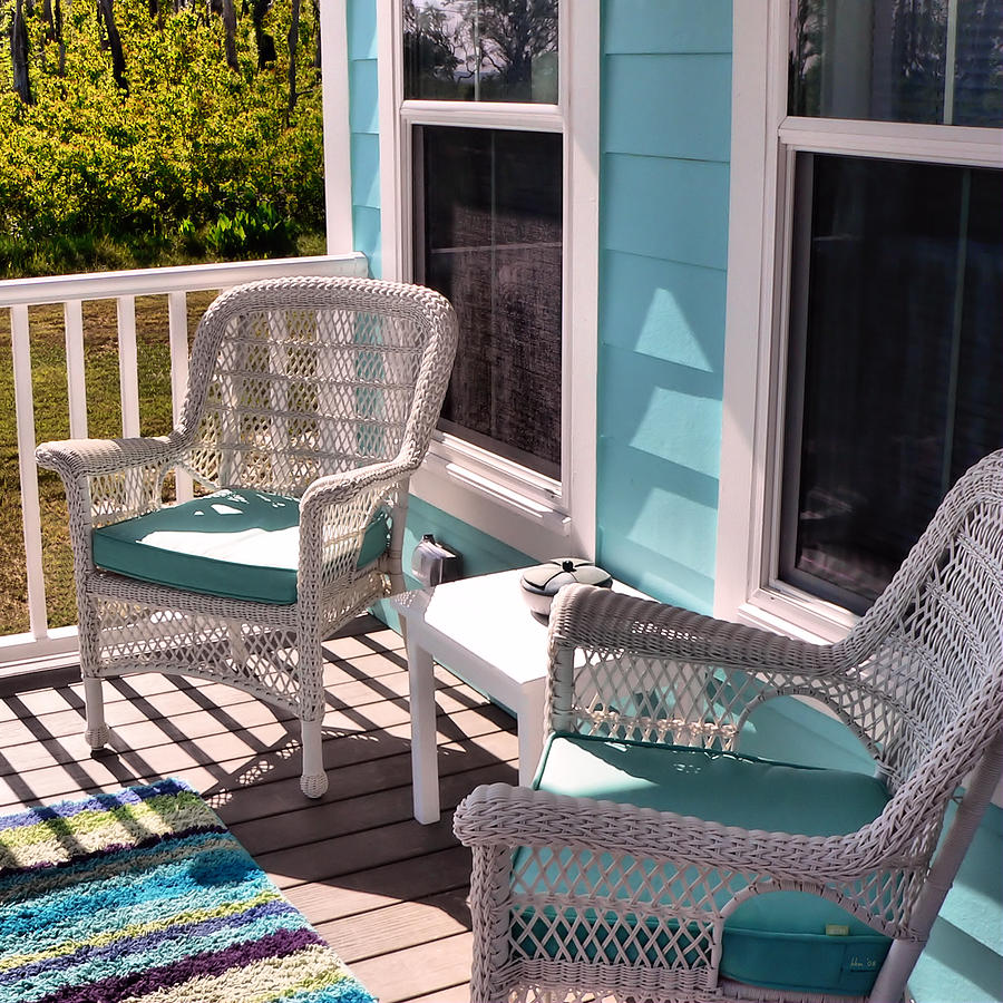 Cottage Porch With Wicker Chairs Square Photograph by Kathy K McClellan