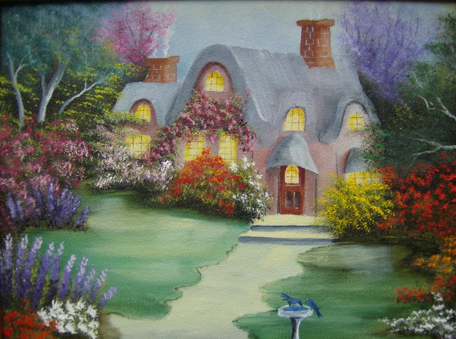 Cottage With Birdbath Painting by Debra Campbell