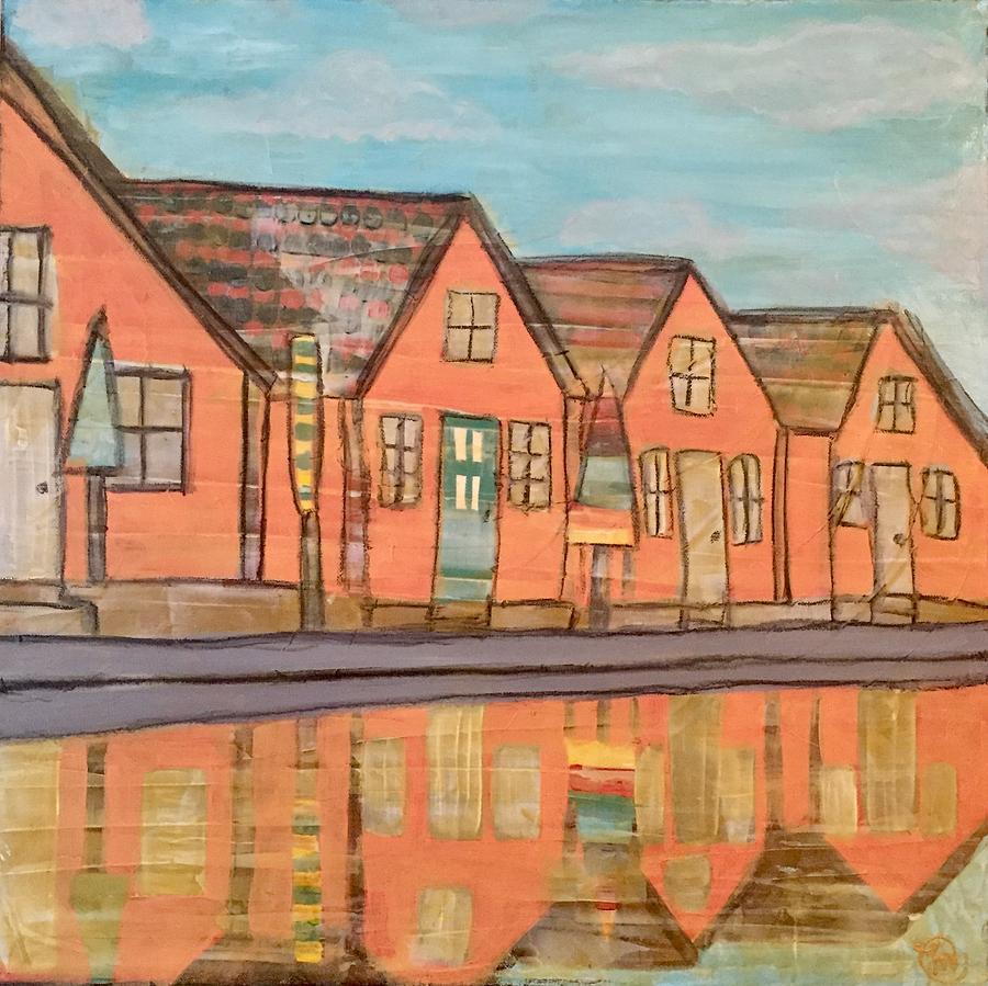 Cottages by the beach Painting by Monica Martin