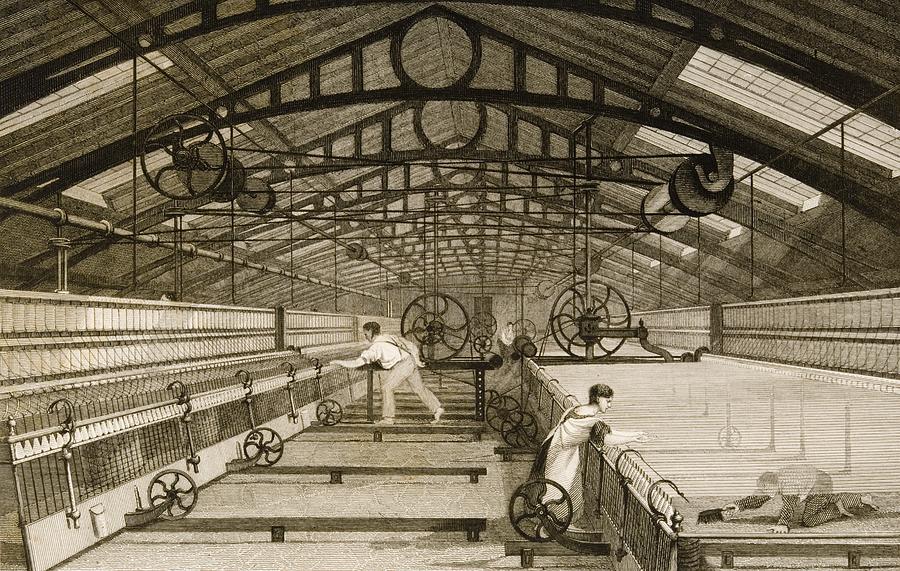 Black And White Drawing - Cotton Factory Floor In 1830s Showing by Vintage Design Pics