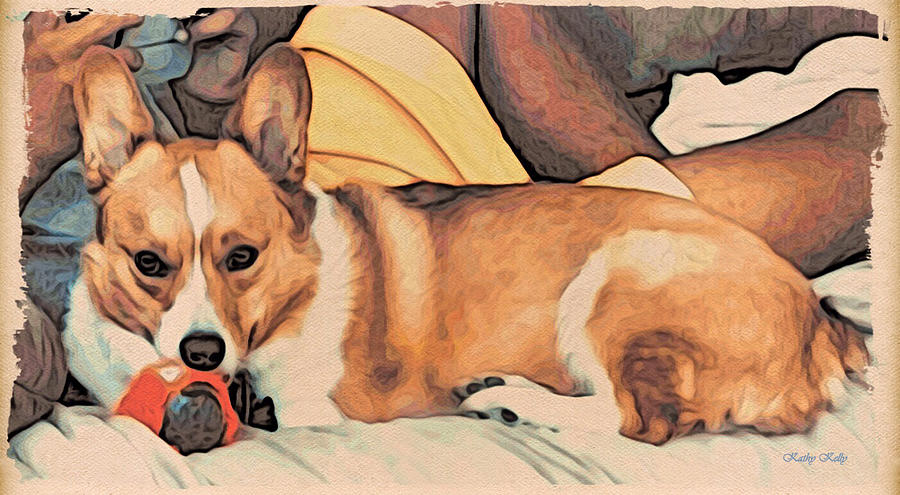 Landscape Digital Art - Couch Corgi Chewing a Ball by Kathy Kelly