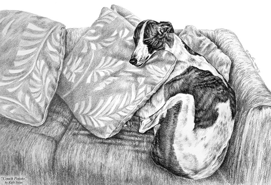 Couch Potato Greyhound Dog Print Drawing by Kelli Swan