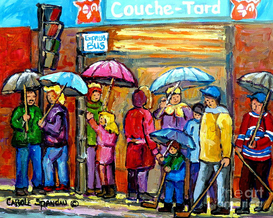 Couche Tard Verdun Depanneur Rainy Day Cityscene Montreal Quebec Streetscene Painting C Spandau Art  Painting by Carole Spandau