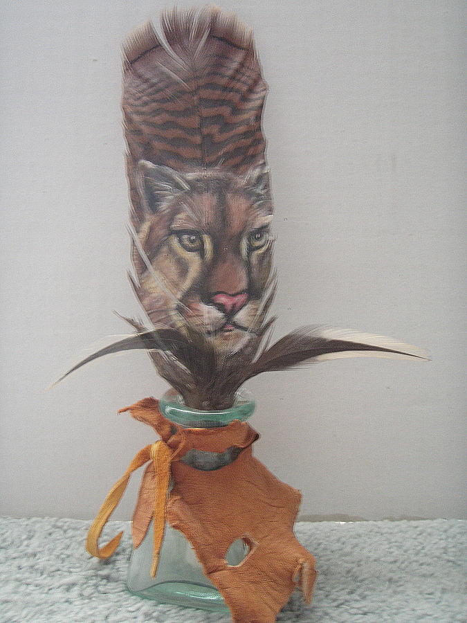 Cougar Painted on Feather Mixed Media by Linda Nielsen